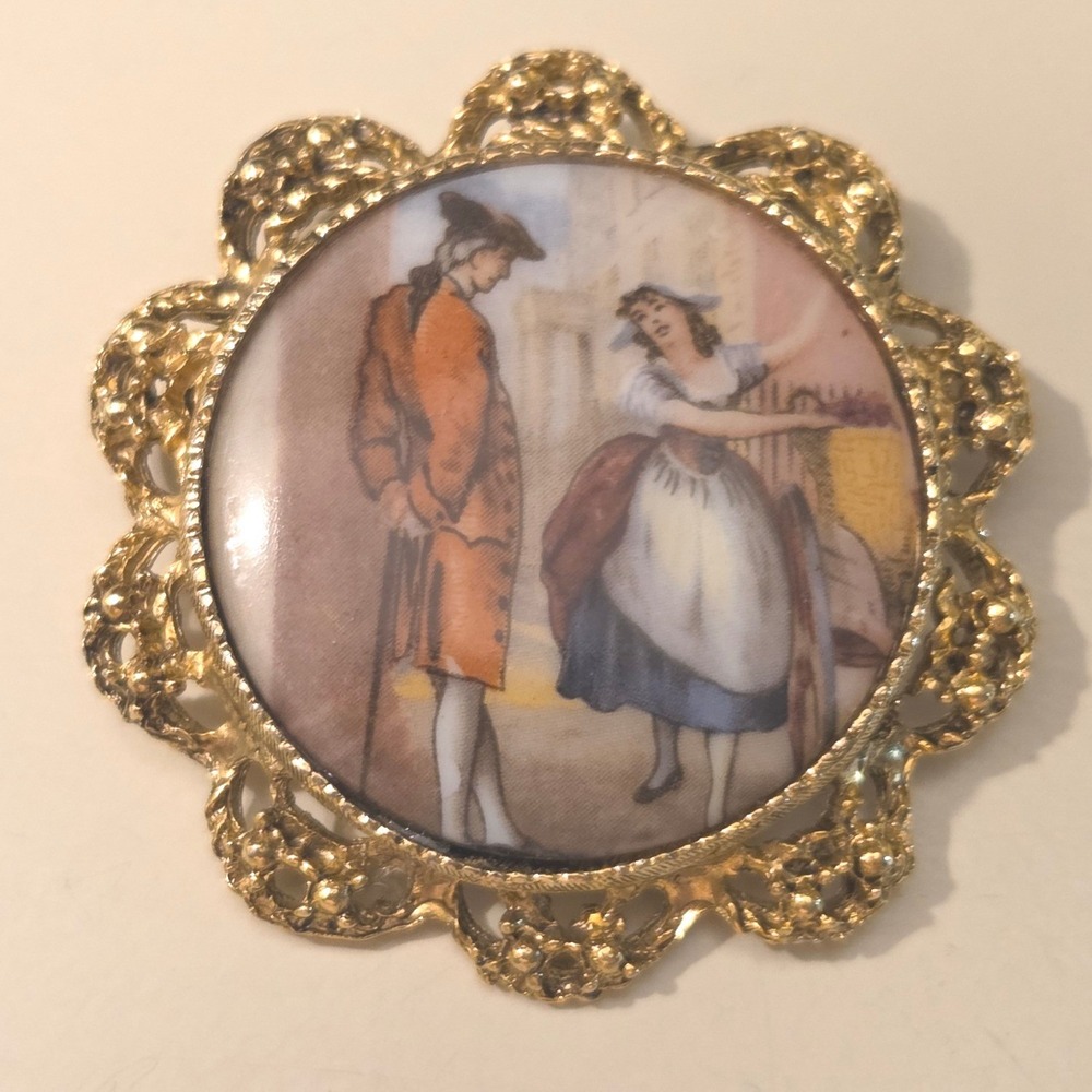 Vintage Gold Tone Cameo Brooch Pin Porcelain Scene Courting Couple Victorian